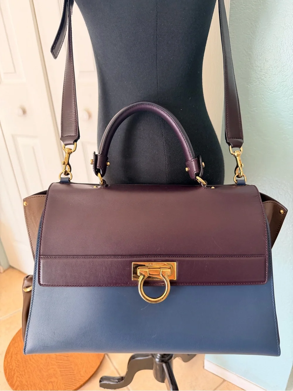 Salvatore Ferragamo Tricolor Blue Brown Leather Sofia Satchel and Shoulder Bag